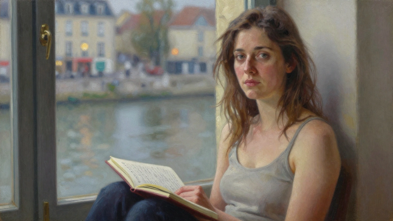 A woman on a windowsill with city lights behind her, gazing softly at the viewer, radiating quiet authenticity.