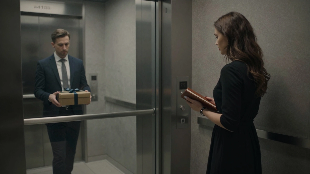 A woman waits calmly in a quiet apartment lobby, greeting a client with a simple nod and a wrapped gift.