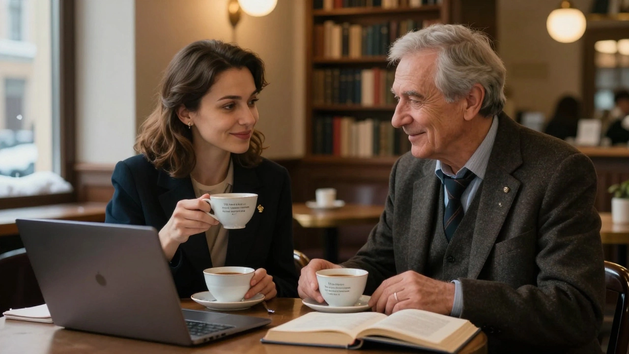Two people sit in a cozy Saint Petersburg café, discussing literature over tea with books and a laptop nearby.